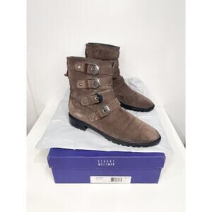 Stuart Weitzman Jitterbug Suede Brown Buckle Platform Ankle Moto Boots 7.5